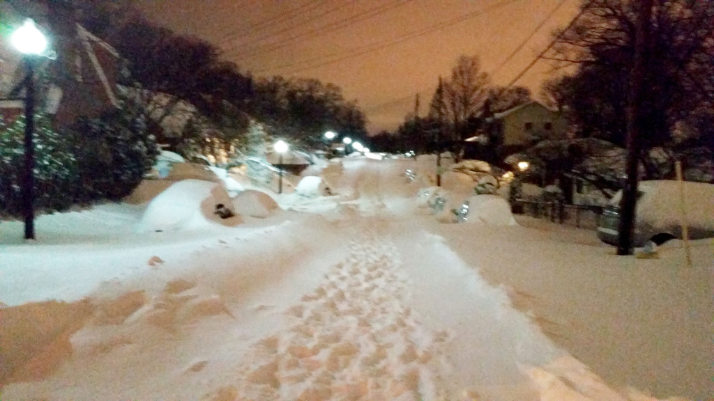 Back on our street at the end of the night - can't even see the Beast's tracks!