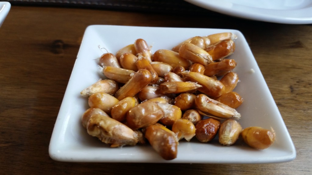 The BEST fried corn kernels ever! Crunchy but not hard, tasty, and about 3x the size of corn kernels I am used to. These were the appetizer from a Peruvian restaurant.