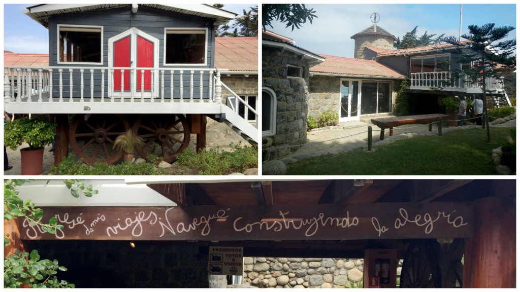 Beginning of the tour. We entered through the left side of the structure with the red doors - an old bedroom of the home. The old wagon wheels placed there to give the feeling it was a cart or train. The beam over the walkway reads "Regresé de mis viajes. Navegué construyendo la alegría" - "I returned from my travels. I navigated constructing happiness"