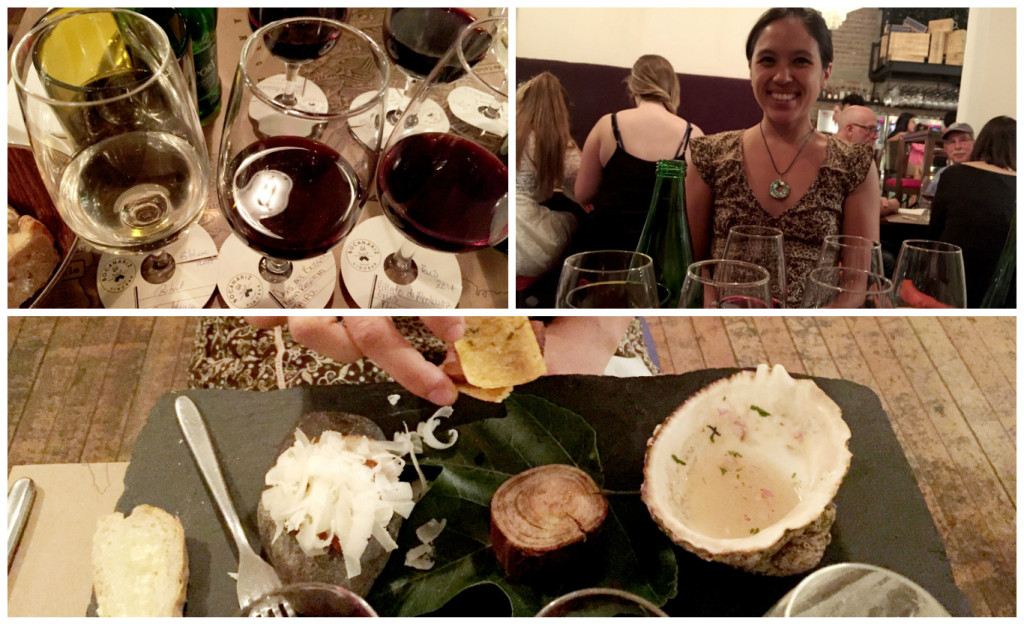 Wine parings for each appetizer. Served in a shell of an mollusk native to Chile, a leaf/wood cross section, and stone, respectively.