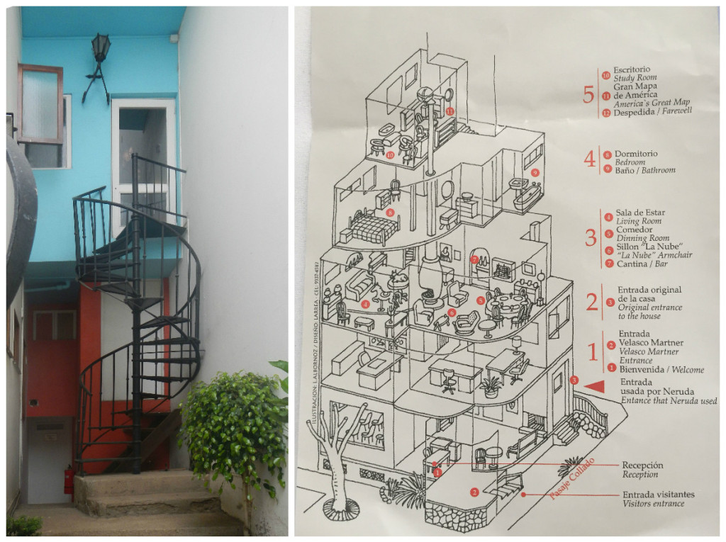 Left: original entrance to Neruda's home. Right: map of the house.