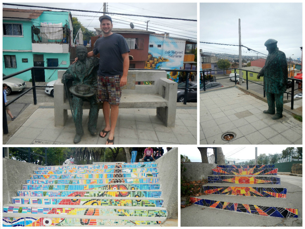 Top Left: statue of Neruda, Nobel Laureate. Bottom: seems like most staircases in Valparaíso have designs on them - these were elaborate mosaics.