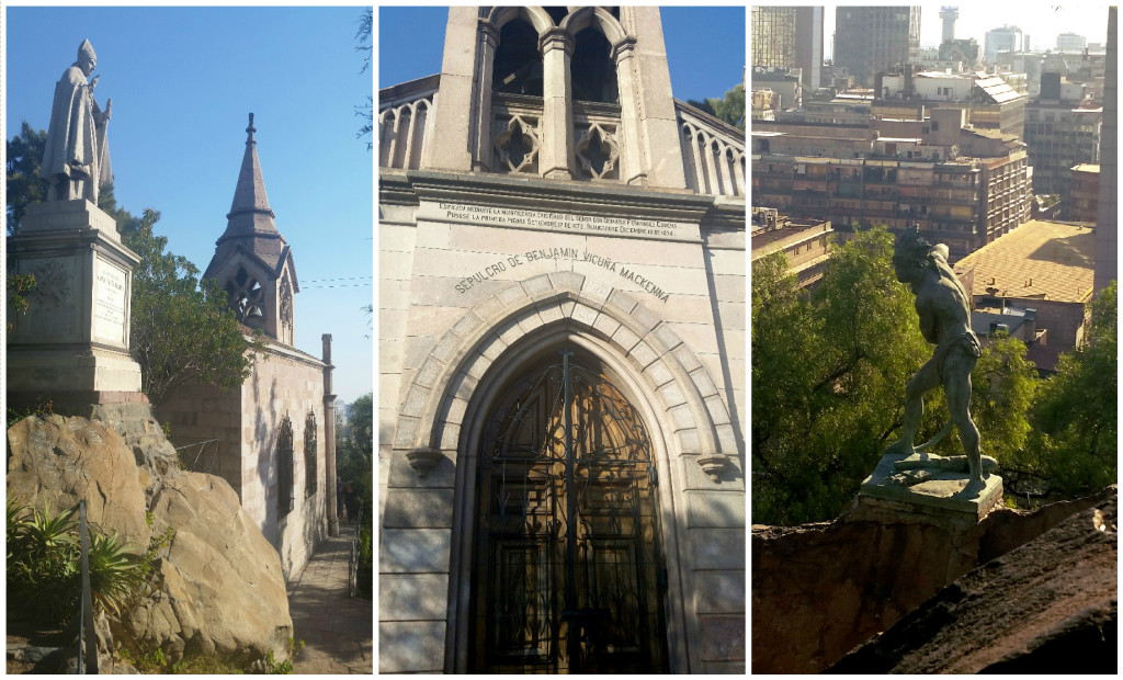 Left + Center: Sepulchre of Benjamín Vicuña Mackenna. Right: Caupolicán, Toqui (or war leader) of the Mapuche natives