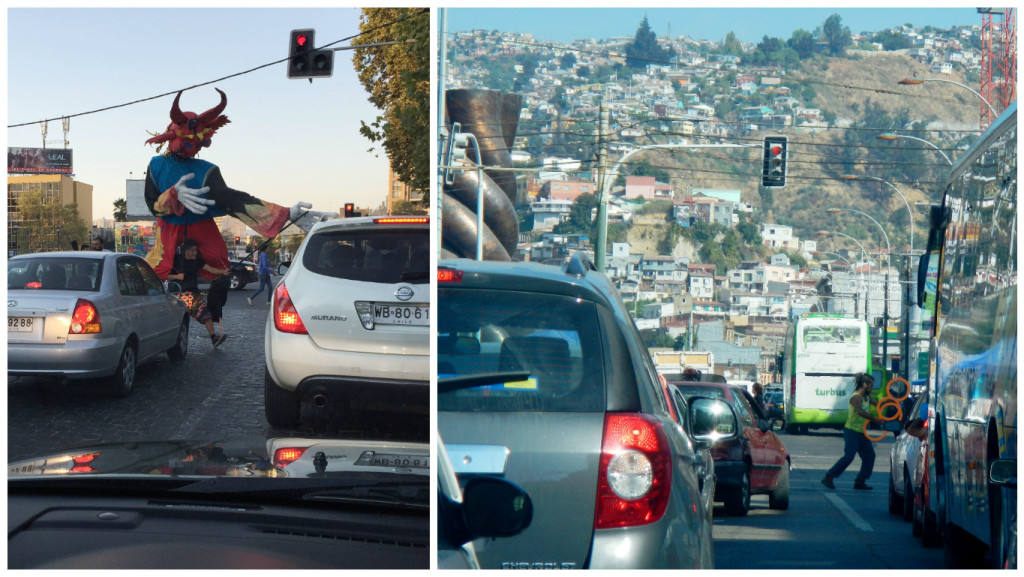 Left: On stilts + in costume in Santiago. Right: Juggler in Valparaíso.