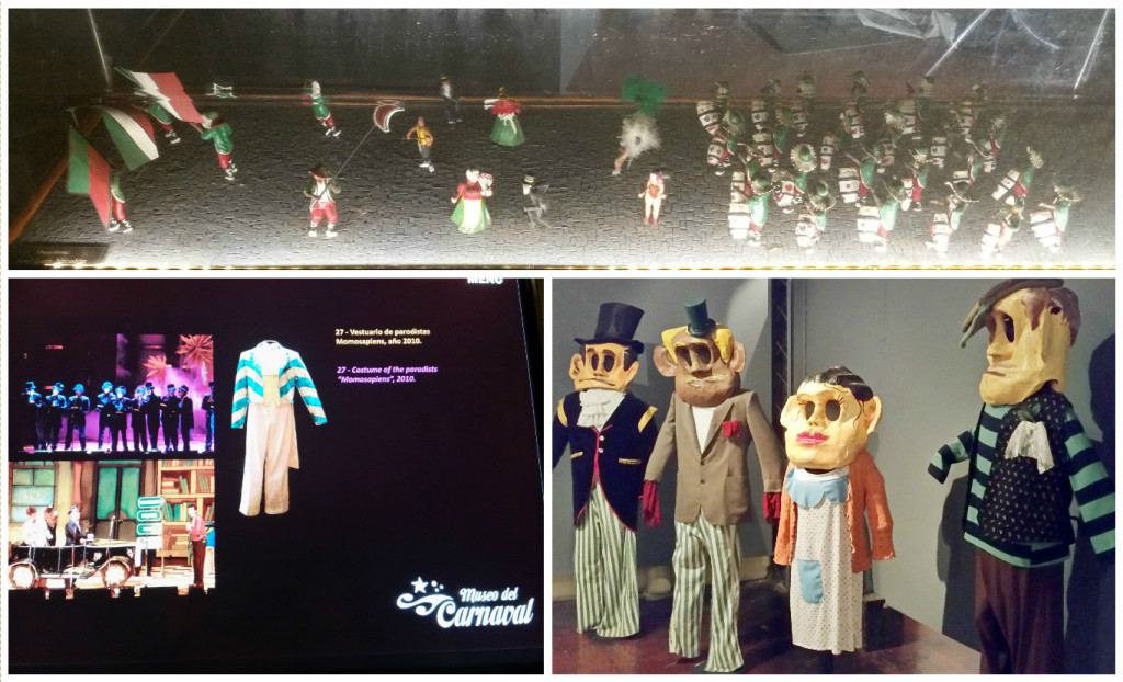 Top: Mini replica of carnival. Bottom Left: touch screens tell the story of the costumes/objects on display. Bottom Right: Cabezones (big heads).