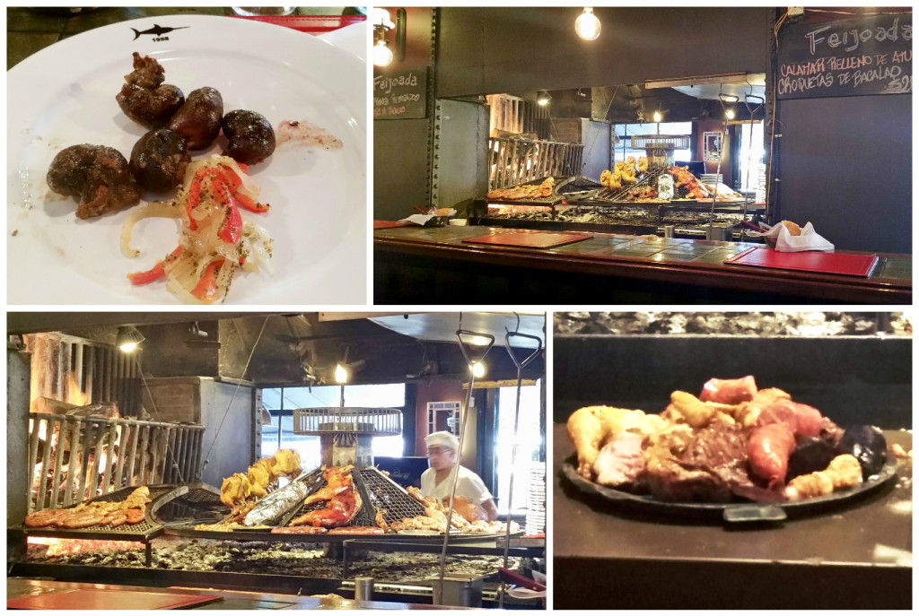 Top Left: Lamb kidneys. Bottom Right: The asado for two. We didnt order this, but it was a popular dish and came out with its own bed of coals to keep it warm. The wood fire was to the left of a grill and the rotating grill was on the right. The asadores were extremely skilled and certainly sweaty!