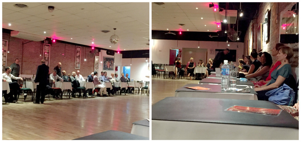 Left: Men's side. the guy standing in the black suit is the organizer of this milonga. Right: Women wait, eyes open, for the nod. In this particular dance hall, there's not too much room for rows of seats, so it's hard to get a good seat unless you're early (otherwise you're stuck on the periphery where there are rows and rows of seats). This picture was taken around 10:40pm (the milonga started at 10) but was pretty tame compared to the hall at 2am, when it was much more full. Couples as old as my grandma arrived after midnight to start their night!