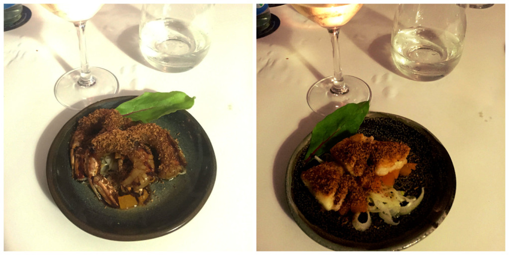 Left: Caramelized prawns with spicy pineapple and fennel. Right: Grilled goat cheese with spicy pineapple and fennel.