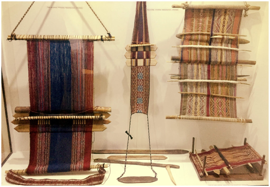 Left and center are backstrap looms from Chinchero area, right top is a warped loom from Pitumarca, right bottom is a four staked loom from Accha Alta.