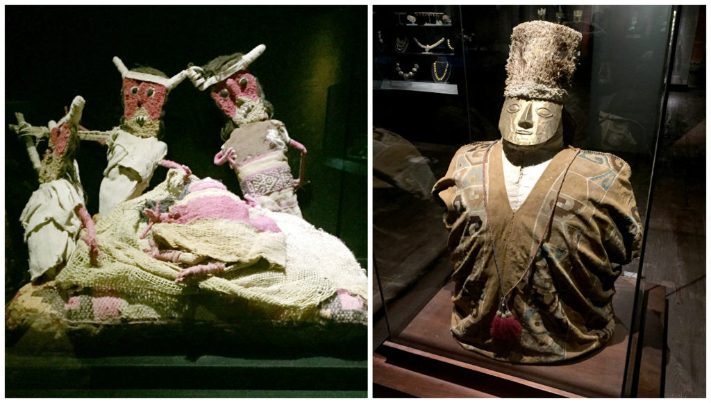 Right: Woven dolls show a scene of women wrapping the deceased. Left: Mummy wrapped in layers and layers of exquisite cloth with rich stories woven into the fabric. The outermost layer made it look like a human again, complete with clothes, mask, and sometimes even hair!