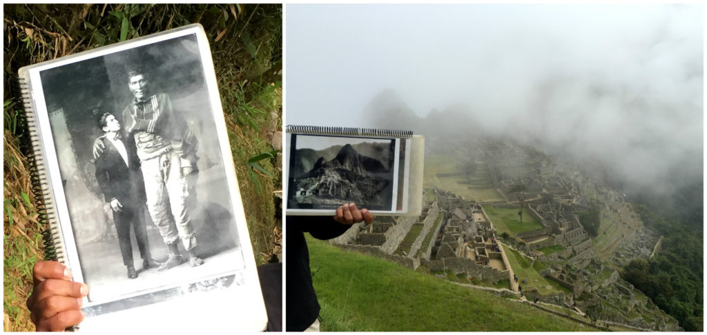 Left: photo of an Inca man next to a Spaniard. Right: "mist-ical" view (as our guide put it) of the famed Nat Geo pic.