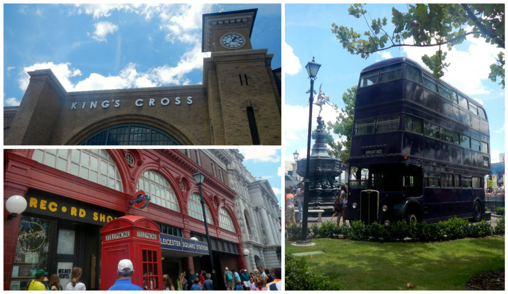 The three-story Knight Bus is parked just outside King's Cross and Diagon Alley, complete with talking shrunken head and all.