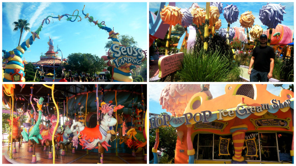 Upper Left: Entrance to Seuss Landing. Upper Right: Truffula Trees (from The Lorax). Lower Left: The Caro-Seuss-el. Bottom Right: An ice cream shop named after my favorite Dr. Seuss book!