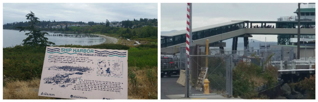 Left: The view while waiting for the ferry at Anacortes. Right: You can see the line for foot passengers.