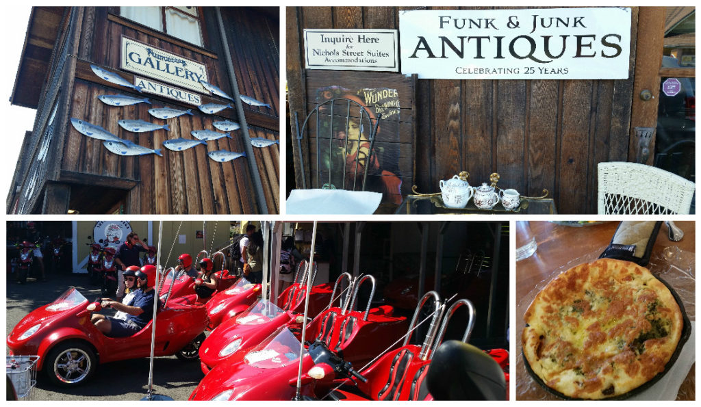 Top: Local antiques shop. Bottom Left: Mopeds and funky rentals. Bottom Right: Savory, deep dish breakfast pancake with bacon.