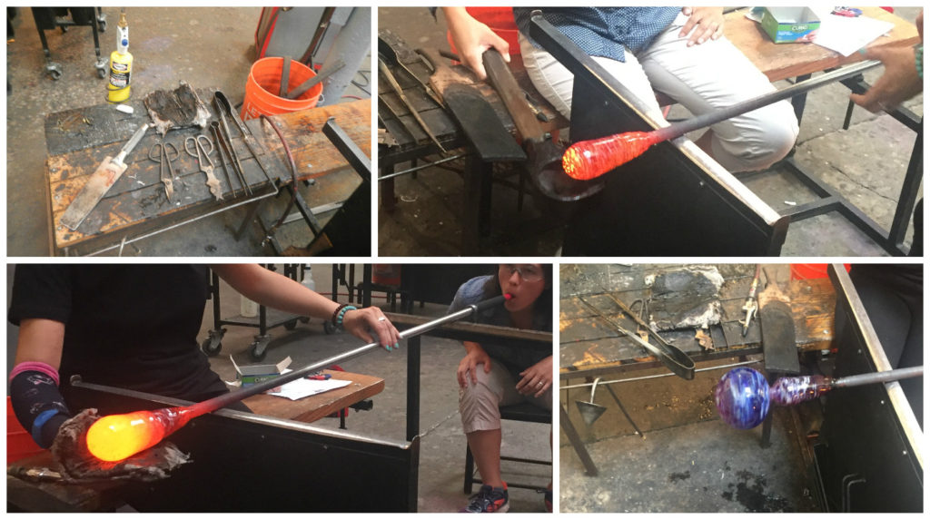 Top Left: Various glass blowing tools, including a wad of paper/cardboard. The orange bucket of water also contains round molds of different sizes (see Top Right photo).