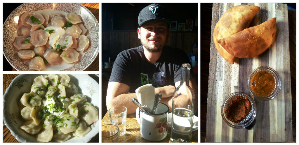 Top Left: Siberian Pelmeni: Dumplings filled with pork, beef, veal, and onion. Bottom Left: Tvorog Vareniki: Dumplings filled with scallion and farmer's cheese. Right: Lamb Chebureki: Fried Lamb and cilantro pie with 2 sauces.