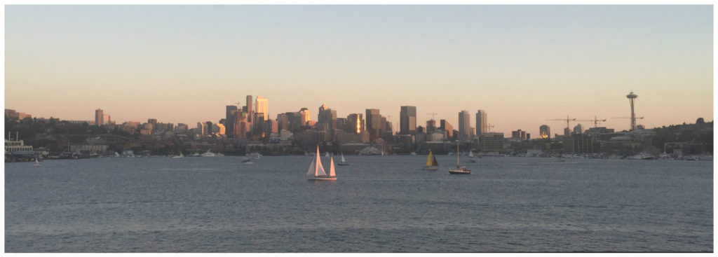 A beautiful, if illusory, view. The Space Needle stands at 605′ compared to the tallest building in Seattle: Columbia Center at 933′ (tallest black building in view).