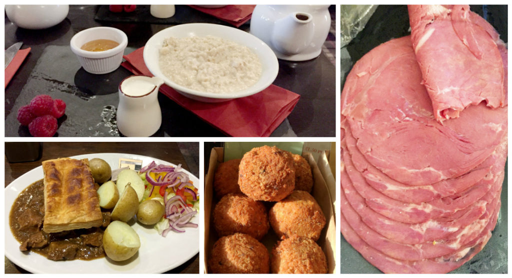 Top Left: Scottish Oats, served with cream, honey, and raspberries. Honey isn't served sparingly here, it's not all that expensive (what a treat!). Bottom Left: Meat pie, with flaky crust and small potatoes. Bottom Center: Scotch Eggs! Right: Wild Scottish venison (red deer) cured and smoked over whisky infused oak chips