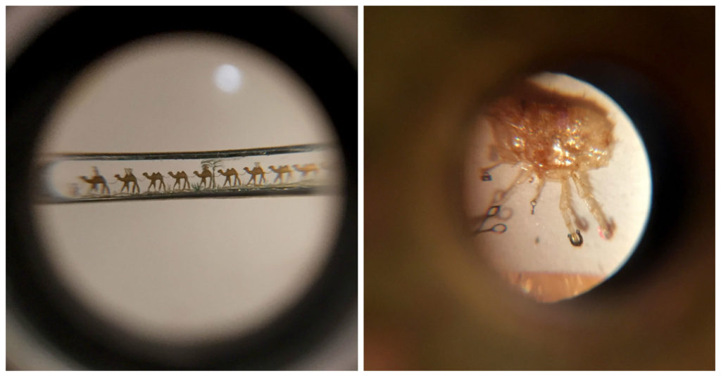 Left: An even more detailed Camel parade in the eye of a needle! Right: A flea with a golden horseshoe, purse, scissors, and a key!