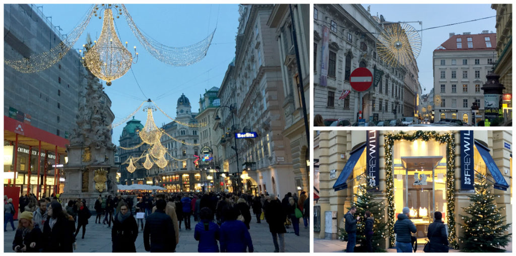 Literal chandeliers hang between the buildings downtown. Other configurations of light decorate the city between buildings while you see real full sized trees (decorated and not) in the streets!