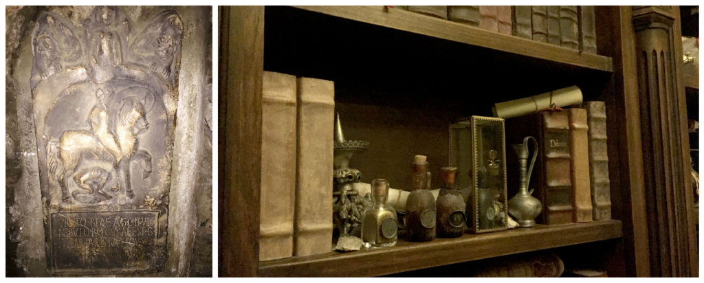 Left: a stone in the wall that covered a hidden vault. Historians uncovered that it held a single bottle of 'The Elixir of Life' and the recipes for it, and the elixirs of love and memory. The original bottle is preserved in the glass casing on the bookshelf.