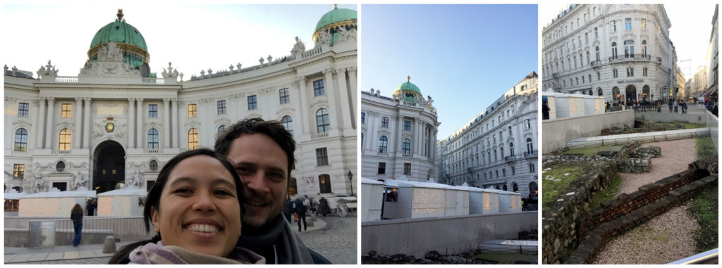 You can see the decorated Christmas Market stands in front of Schönbrunn Palace. Far Right: Christmas Market stands + Roman Ruins, in front of a palace, what a fun combination!