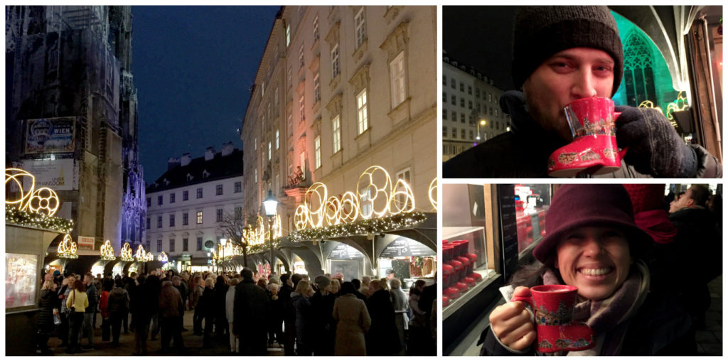 The Christmas Market at Stephensplatz, the most iconic church in Vienna. We're enjoying mulled wine out of ADORABLE bootie cups.