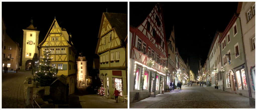 Left: The most famous corner in Rothenburg. Right: Nighttime streets.