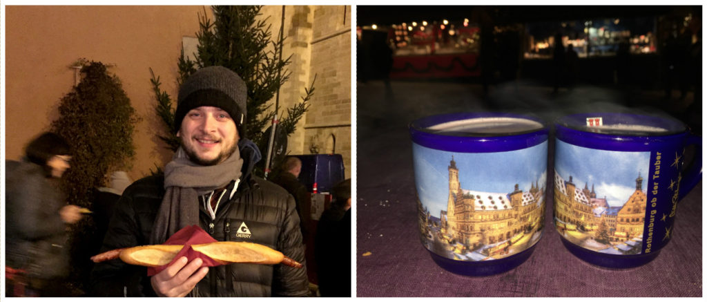 Left: "Hahn's 1/2 meter fränckische Feuerwurst im langen Kipfle" - €5.30 Right: Glühwein in the 2016 Rothenburg ob der Taur mugs.