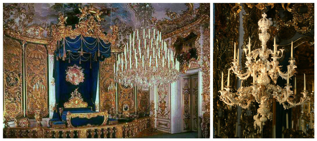 Left: Ludwig's insanely large and gilded bedroom. Right: Solid ivory chandelier (it's enormous!) Photos courtesy of Wiki.