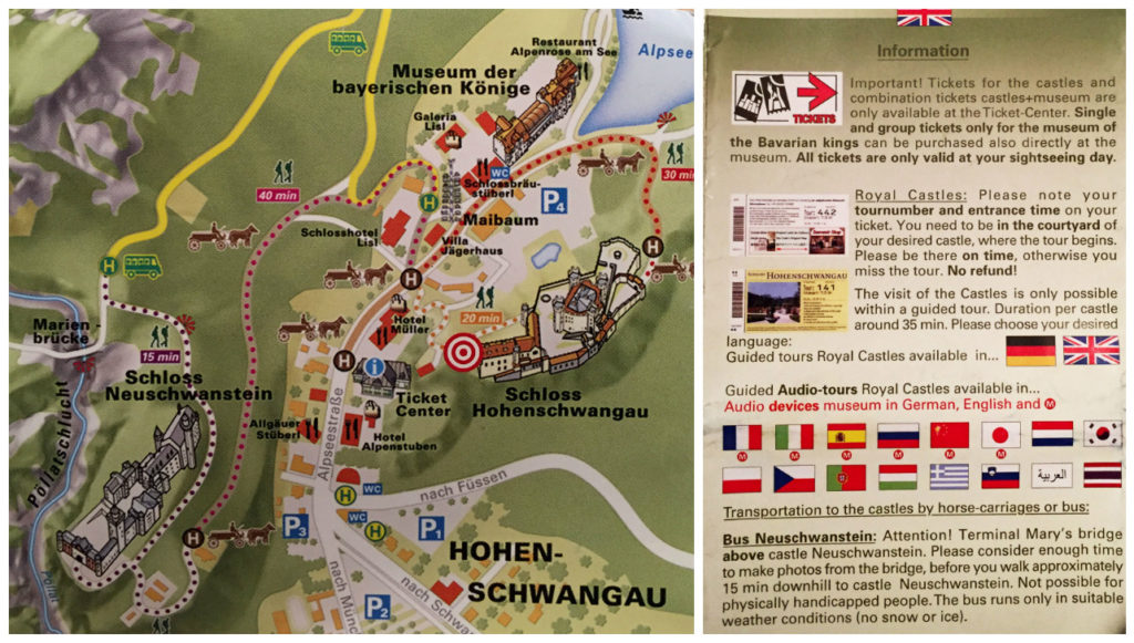 The map, with walking times listed to each castle. 40 minutes to walk up to Neuschwanstein (though it took us a comfortable 20 minutes), and 20 minutes up the short steps to Hohenschwangau (took us 10-15, can't remember exactly).