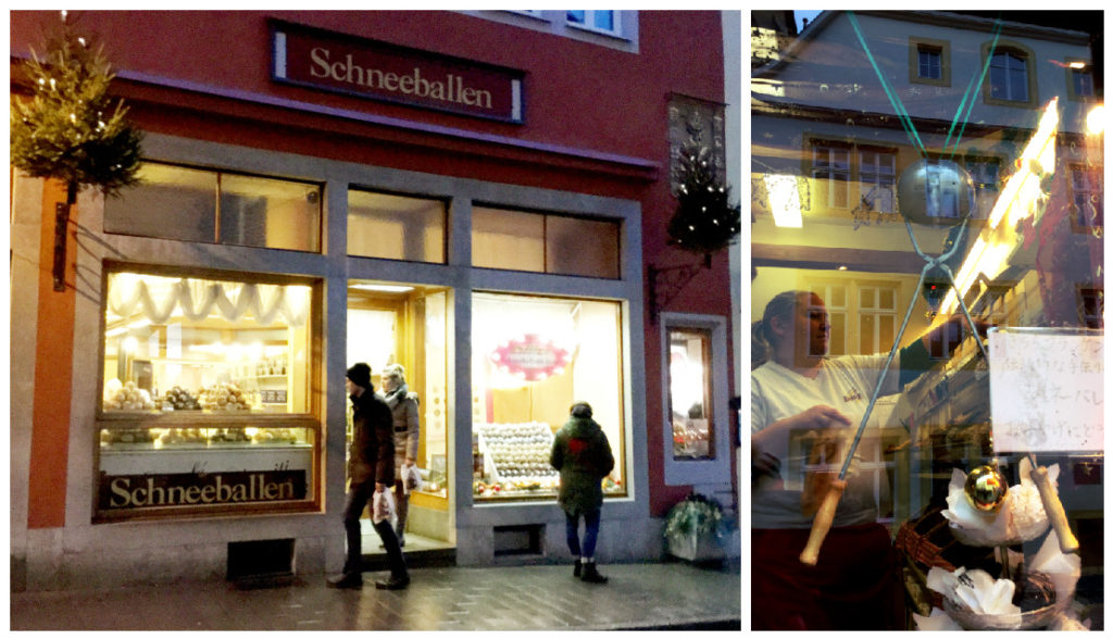 Left: One of the many schneeballen shops. Right: The contraption where the dough goes to keep it in ball shape.