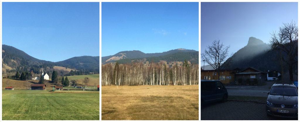 Left/Center: Views from the train. Right: View of the mountains from the bus stop in Oberammergau — reminds me of Half Dome in Yosemite!